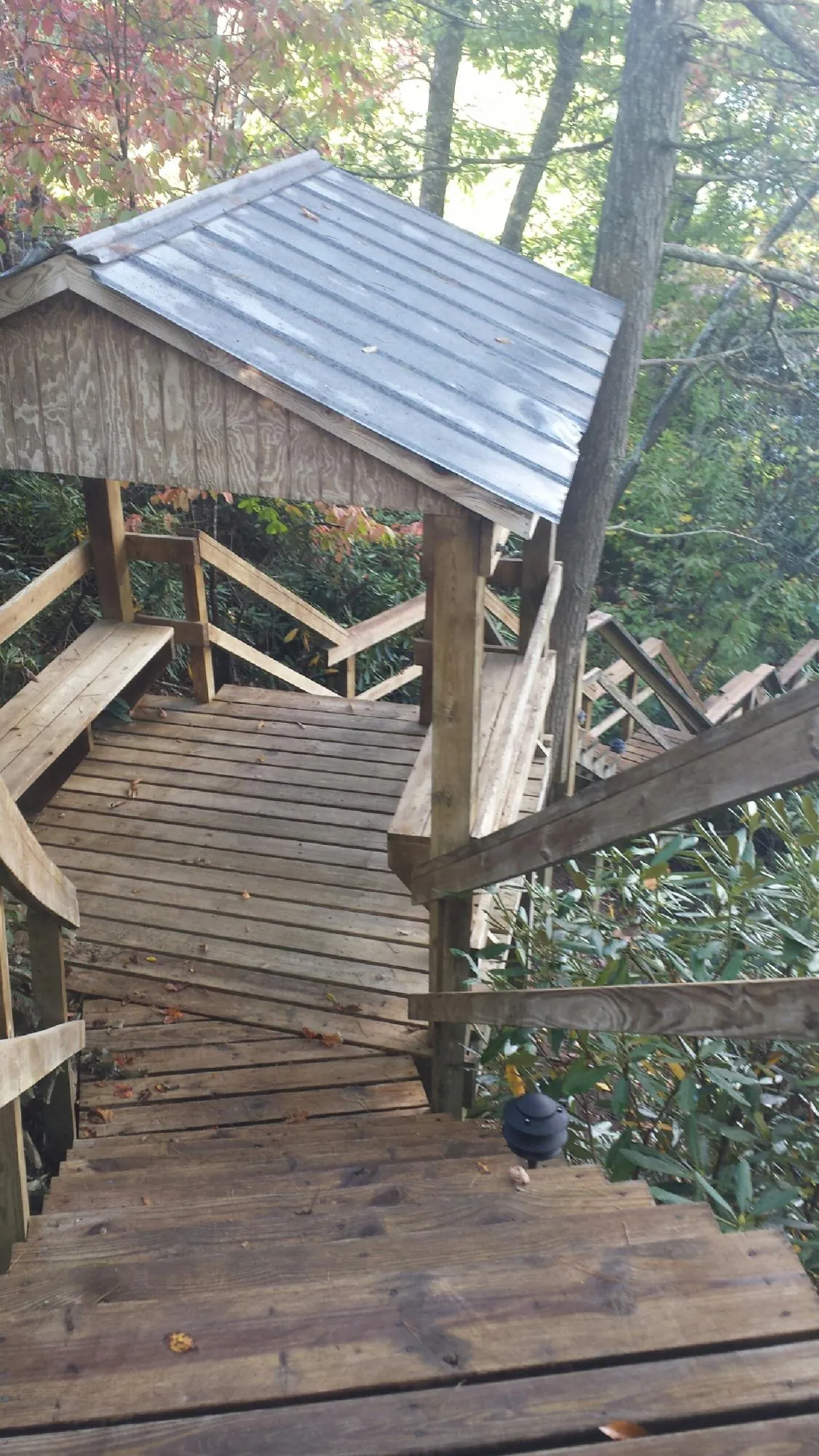 Metal roofed shelter over wooden steps on a wooded walkway — Skylight Repair & Installation work by our crew in Mount Braddock